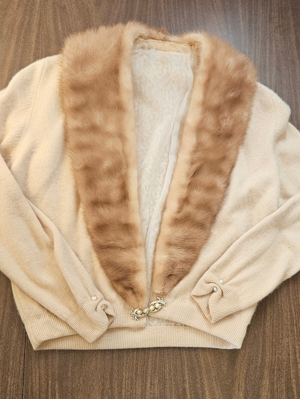 1950s Vintage Cardigan With Jewelled Clasp And Removable Mink Collar